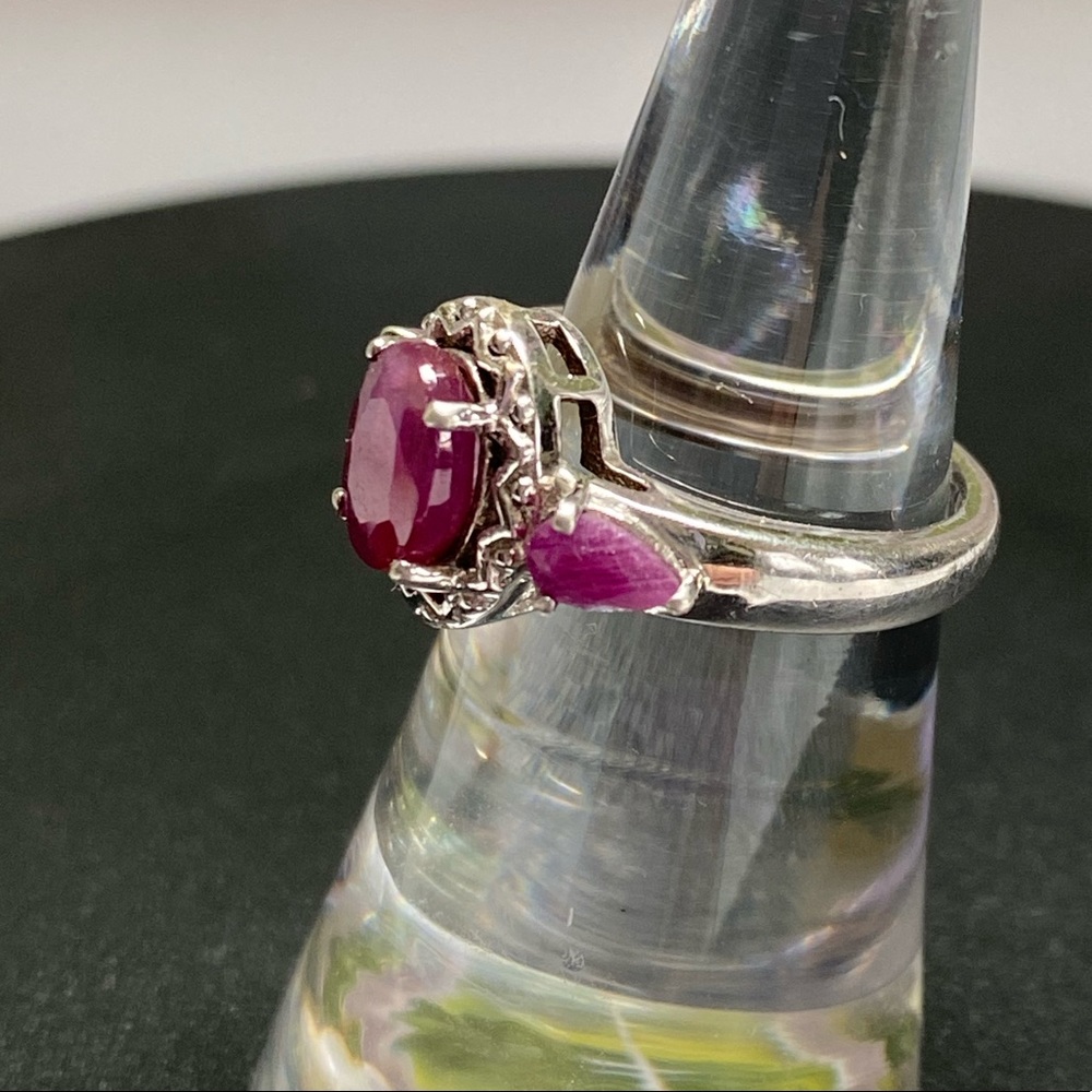 Genuine Ruby Ring Solid 925 Sterling Silver 3 Sto… - image 3